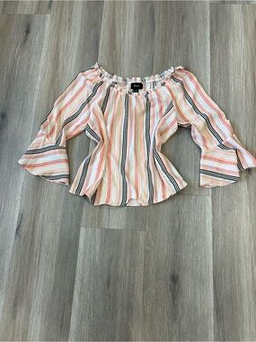 Bwear Striped Off-Shoulder Peasant Top - Peach, Cream & Black